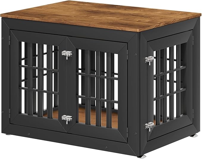 38" Heavy Duty Dog Crate Furniture for Small,Medium and Large Dogs,Rustic Wooden Dog Cage Kennel Indoor Furniture with Waterproof Top,Decorative Pet House Side End Table (Black &amp; Wood)