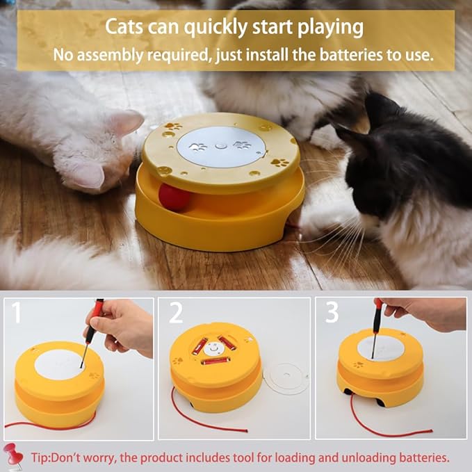 LASOCUHOO 2-in-1 Automatic Cat Toy with Track &amp; Jumping String – Interactive Electric Toy with Rolling Balls &amp; Bell, Battery-Powered (3 AA), Auto Shut-Off for Multi-Cat Play