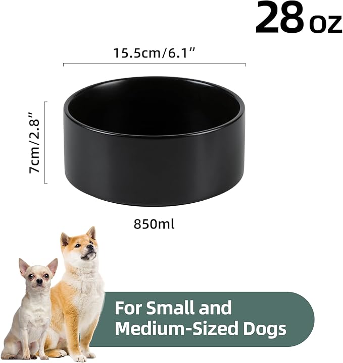 Ceramic 6.1inch Non-Slip Dog Food and Water Bowl for Small &amp; Medium Breed Dogs,Pet Bowl for Replacement, Protects Cervical Spine (Black)