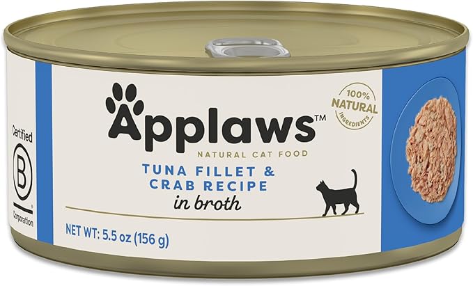 Applaws Natural Wet Cat Food in Broth, Limited Ingredient Canned Wet Cat Food, No Additives, Made with Natural Ingredients, Tuna Fillet &amp; Crab in Broth (24 x 5.5oz Cans)