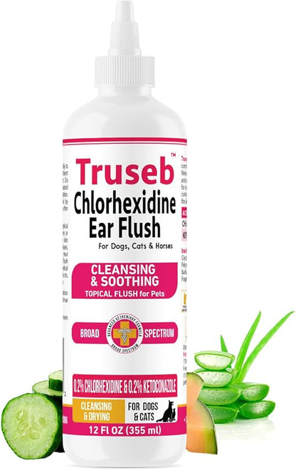 Truseb Advanced Topical Dog Ear Wash with Ketoconazole &amp; Chlorhexidine Ear Flush Dog, Cats and Horses, with Aloe - 12 oz Made in U.S.A (Ketoconazole &amp; Chlorhexidine Ear Flush, 12 oz)