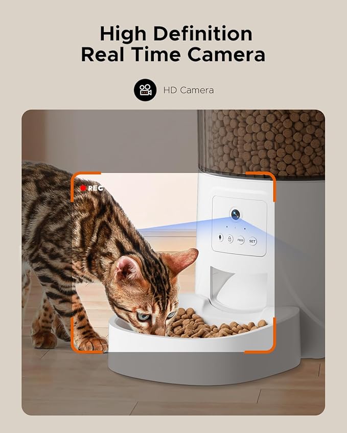 Automatic Cat Feeder with Camera - 2.4GHz APP - Controlled Cat Food Dispenser- Features HD Video for Indoor Use, Easy Setup &amp; Cleaning, 2 - Way Audio, and a Desiccant Bag to Keep Food Fresh