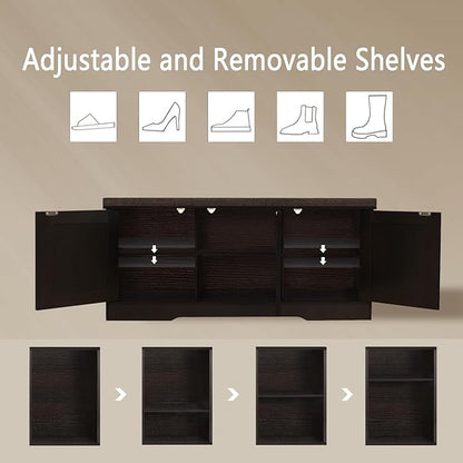 DINZI LVJ Shoe Bench, Entryway Storage Bench with Doors, Cushion, 2-Tier Shoe Rack with 6-Cubby, 39.4”L x 13.8”W Shoe Organizer Cabinet, Adjustable Shelf, Living Room, Bedroom, Espresso with Rattan