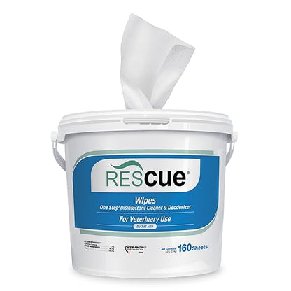REScue One-Step Disinfectant Cleaner &amp; Deodorizer Wipes for Vet Use – Cleaner for Kennels, Litter Boxes, Vet Offices, Pet Grooming Surfaces – Extra Large Wipes, 160-Count Wipes Bucket (1 Pack)