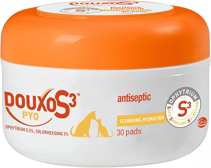 Douxo S3 Pyo Pads, Contains 3% Chlorhexidine &amp; 0.5% Ophytrium, Antiseptic &amp; Hydrating, For Bacterial or Yeast Skin Infections, For Dogs and Cats, 30 Pads