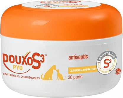 Douxo S3 Pyo Pads, Contains 3% Chlorhexidine &amp; 0.5% Ophytrium, Antiseptic &amp; Hydrating, For Bacterial or Yeast Skin Infections, For Dogs and Cats, 30 Pads