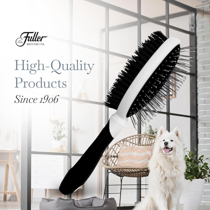 Fuller Brush 2-in-1 Double-Sided Pet Brush - Electroplated Round-Ended Steel Pins Positioned Into a Flexible Cushion on One Side &amp; Nylon Bristles - Remove Shedding - Tool For Grooming Dogs &amp; Cats