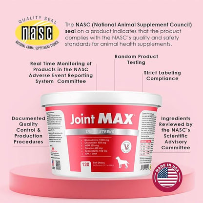 TS Joint Supplement Vet Formulated Pain &amp; Inflammation Relief Treats Hip Dysplasia &amp; Arthritis, Glucosamine, Chondroitin, Turmeric, MSM, HA, Creatine, Omega 3 EPA + DHA.120 Soft Chews