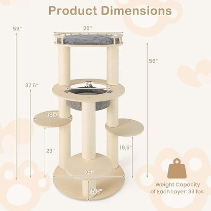Tangkula Wood Cat Tree, 59 Inch Multi-Level Cat Tower with Top Padded Perch, Hammock, 3 Platforms &amp; Sisal Scratching Posts, Large Modern Cat Tree Tower for Indoor Cats Kittens (59 Inch)