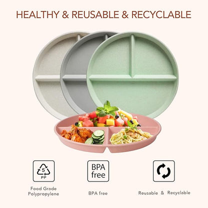 greenandlife 9 Inch (4PCS) Unbreakable Divided Plates for Kids Adults, Dishwasher &amp; Microwave Safe Compartment Plate, Lightweight Reusable Plastic Portion Control Plates, BPA Free and Healthy