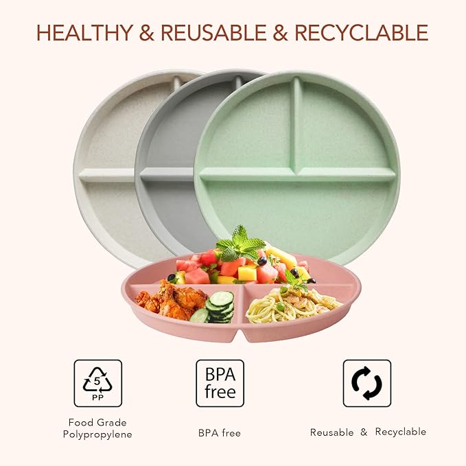 greenandlife 10 Inch 4PCS Unbreakable Portion Control Plates, Divided Plates for Kids Adults, Dishwasher &amp; Microwave Safe Compartment Plate, Lightweight Reusable Wheat Straw Plate, BPA Free