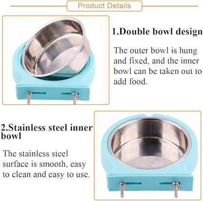 kathson Crate Dog Bowl, Removable Stainless Steel Hanging Pet Cage Bowl Food &amp; Water Feeder Coop Cup for Cat, Puppy, Birds, Rats, Guinea Pigs (2pcs(Pink,Blue))