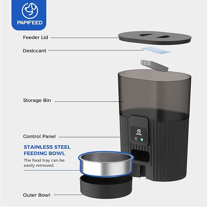 PAPIFEED Automatic Cat Feeder 3.5L/15 Cup 2.4G WiFi Pet Feeder for Dog Work with Alexa &amp; Echo Timed Cat Food Dispenser for Remote Feeding with Stainless Steel Bowl up to 10 Meals Per Day with APP