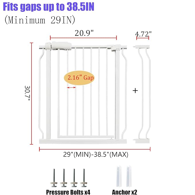 Walk Through Baby &amp; Dog Gate 29-38.5 Inch, Pressure Mounted No Drilling, Adjustable Indoor Safety Gate for Stairs &amp; Doorways - Metal Design for Kids and Pets, White