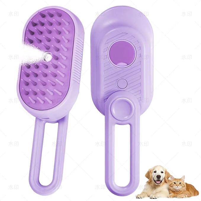 4 in 1 Cat &amp; Dog Steam Brush Kit with 2 Comb Heads - Rechargeable Grooming Brush for Long/Short Hair Shedding, Anti-Static Steam Spray &amp; Foldable Handle, Pet Spa Cleaning Tool (Purple)