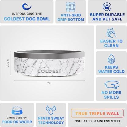 Coldest Dog Bowl - Anti Rust Metal &amp; Non Slip Dog Bowls Large, Spill Proof Heavy Duty 3 Layers Insulated Dog Bowl - Food and Water Bowl for Dogs, Cats &amp; Pets, Dishwasher Safe (42 oz, Carrara Marble)