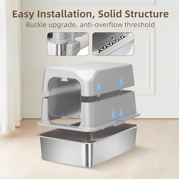 Stainless Steel Cat Litter Box with Lid, Extra Large, Great for Large &amp; Small Cats, Easy to Clean, Anti-Leakage, Non-Sticky, Multifunctional 2 in-1 Metal Cat Litter Box - Light Gray