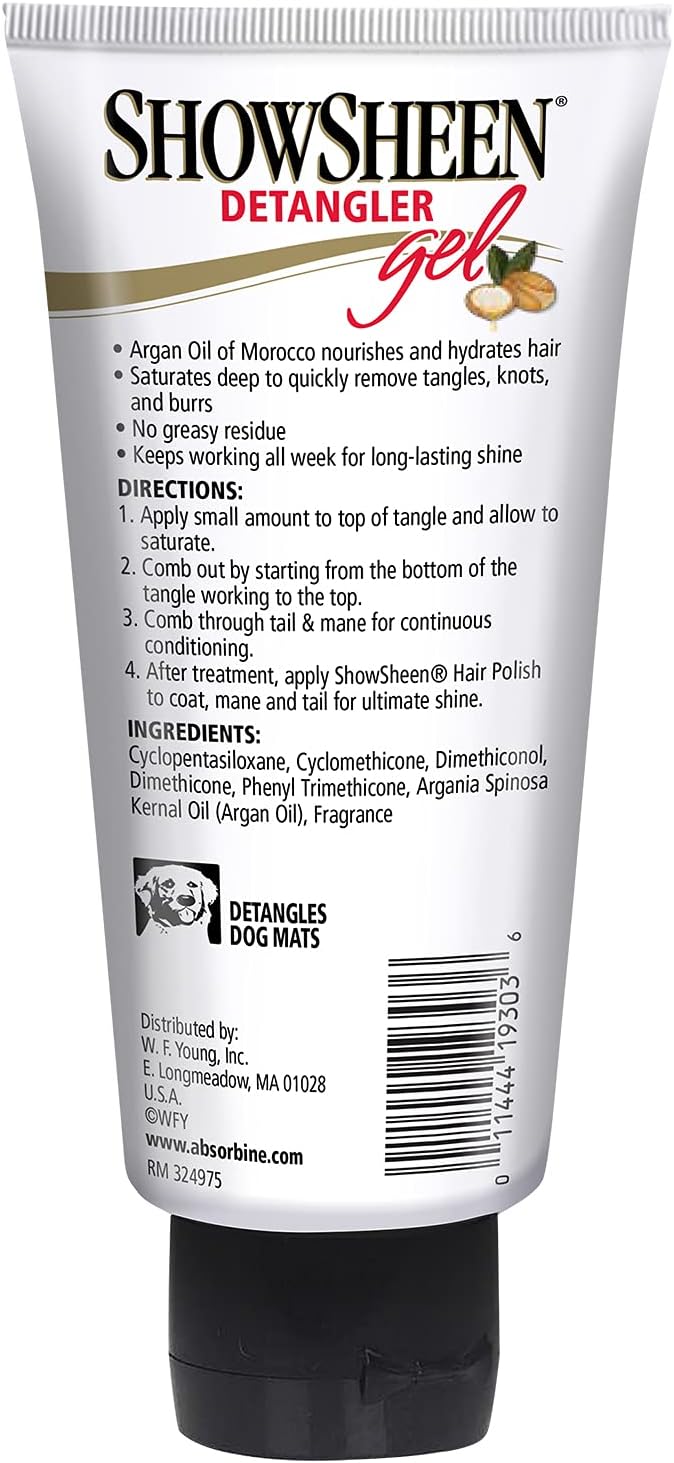 Absorbine ShowSheen Detangler Gel for Coat, Mane &amp; Tail, Moroccan Argan Oil, Tackles Toughest Knots on Horses, Dogs &amp; Livestock, 4oz