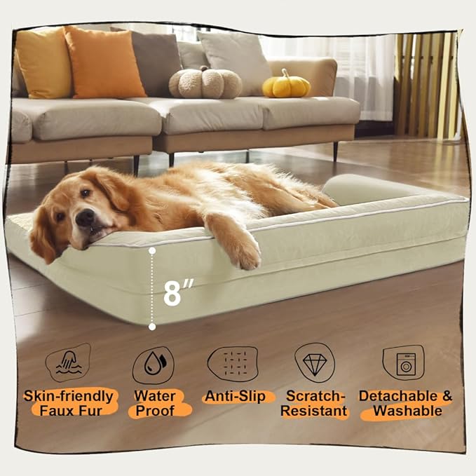 Large Dog Bed Orthopedic Washable: Extra XL XLarge Big Dog Bed with Washable Bolster &amp; Memory Foam Couch Sofa - Waterproof with Removable Cover - Beige