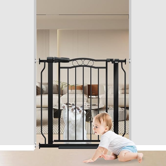 29.53"-33.85" Mornyray Auto-Close Baby Gate Extra Wide, Pressure Mounted Dog &amp; Pet Gate for Stairs Doorways, No Drill Safety Barrier with Lace Design, Metal Child Proof Gate Indoor Outdoor, Black