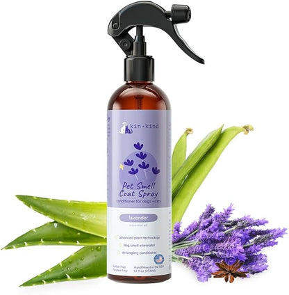kin+kind Dog Deodorizing Spray - Safe, Natural, &amp; Easy to Use Pet Odor Eliminator, Premium Cat/Dog Detangler Spray Formula Made w/Aloe, Dog Deodorizer for Smelly Dogs/Cats Made in The USA (12 fl oz)