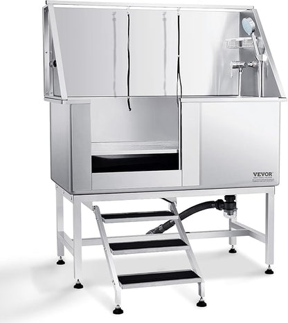 VEVOR 50" Pet Dog Bathing Station w/Stairs, Professional Stainless Steel Dog Grooming Tub w/Soap Box, Faucet,Rich Accessory, Dog Bathtub for Large,Medium,Small Pets, Washing Sink for Home Left