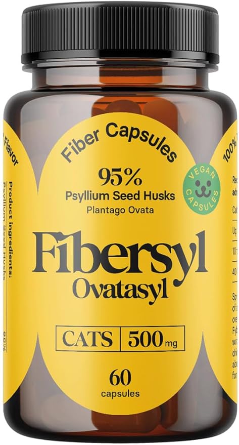 FiberSyl Ovatasyl Prebiotics for Cats Digestive Health - Cat Fiber Supplements for Constipation Relief &amp; Support - Psyllium Husk Seed to Support Digestion Problems - Cat Stool Hardener - 60 Capsules