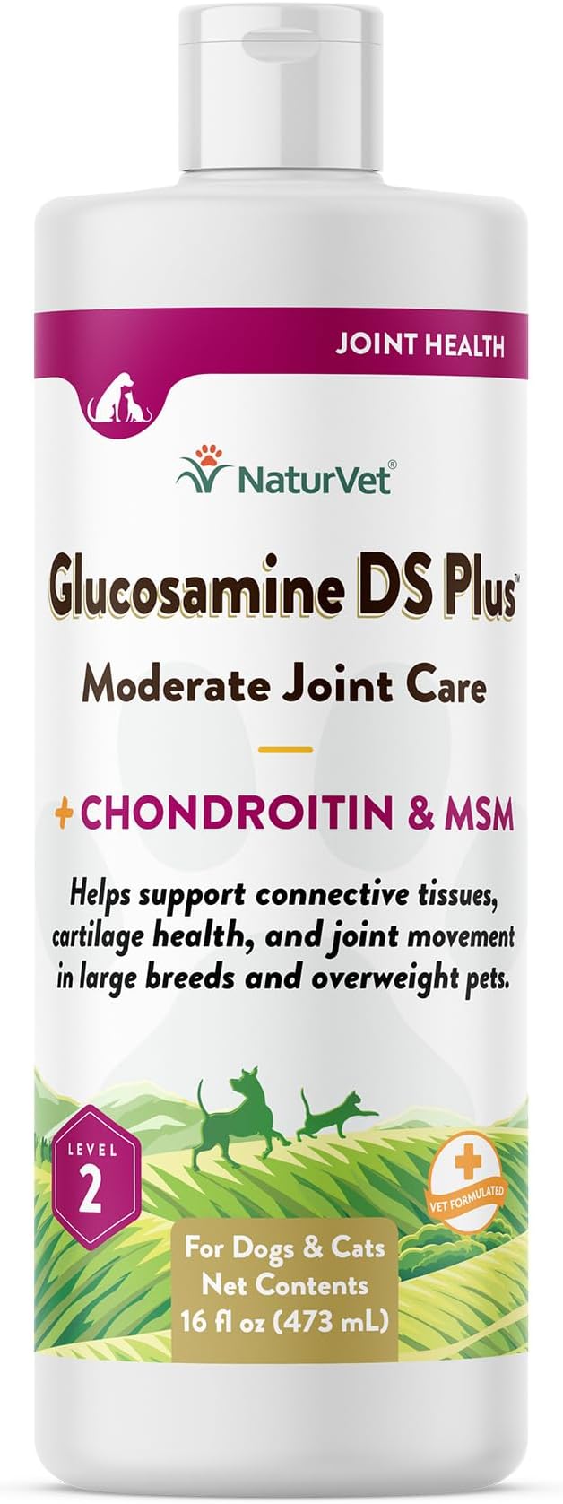 NaturVet Glucosamine DS Plus Hip &amp; Joint Support Liquid Pet Supplement – Level 2 Moderate Care for Dogs &amp; Cats – Includes Glucosamine, MSM, Chondroitin – 16 Oz
