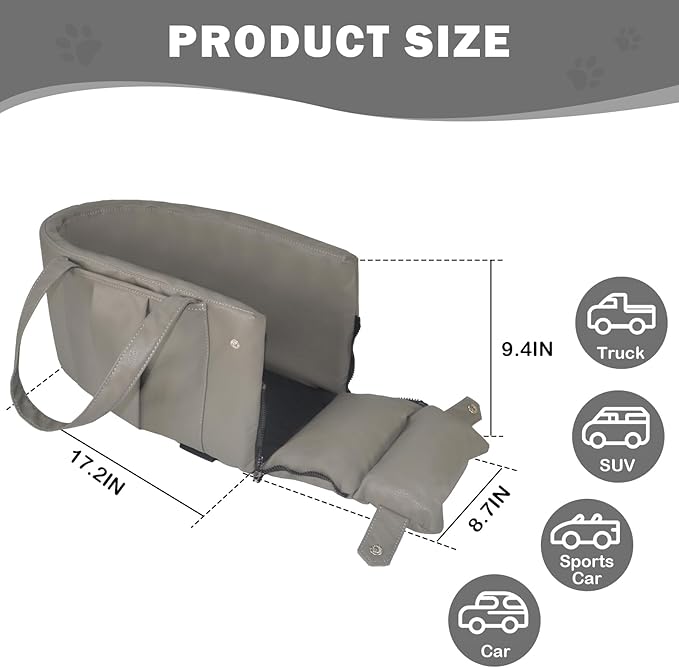2 and 1 Center Console Dog Car Seat &amp; Carrier for Small Dogs, Large Leather Dog Car Bed with Storage Pocket, Waterproof PVC Leather Seat Travel Bed for Front &amp; Back Seat, Clip-On Safety Leash