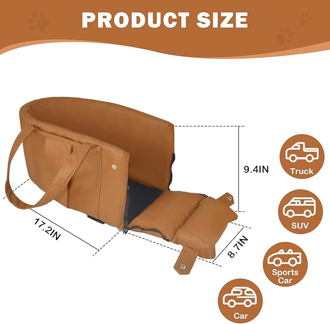 2 and 1 Center Console Dog Car Seat &amp; Carrier for Small Dogs, Large Leather Dog Car Bed with Storage Pocket, Waterproof PVC Leather Seat Travel Bed for Front &amp; Back Seat, Clip-On Safety Leash