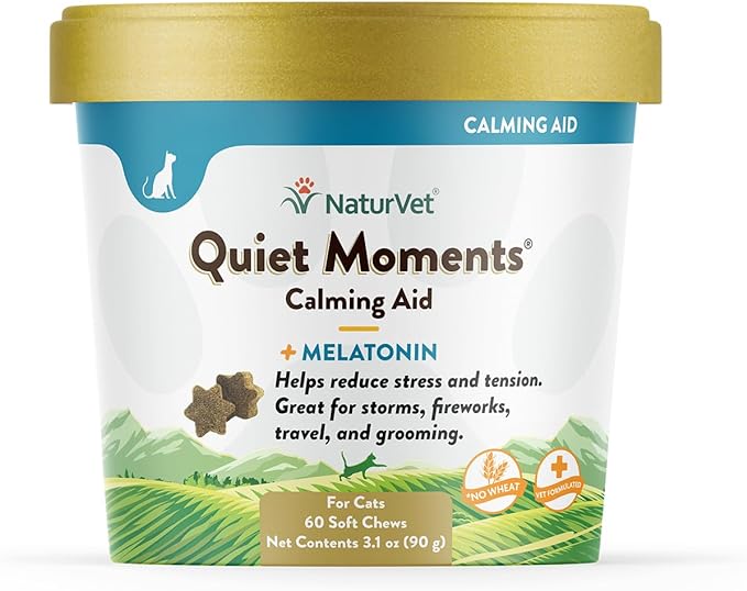 NaturVet –Quiet Moments Calming Aid for Cats Plus Melatonin – 60 Soft Chews – Helps Reduce Stress &amp; Promote Relaxation – Great for Storms, Fireworks, Travel &amp; Grooming