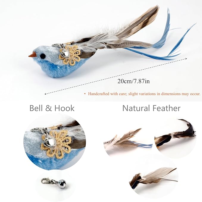 12PCS Interactive Cat Feather Wand Toy Set – 11 Bird &amp; Feather Teaser Refills with Bells + Flexible Suction Cup Wand – Realistic Bird Design, Natural Materials, Indoor Cat Toys for Exercise &amp; Play