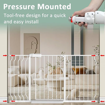 57.5"-62" Extra Wide Auto Closing Baby Safety Gate for Stairs &amp; Doorways, Pressure Mounted No Drill Pet Gate with Walk-Through Door - Heavy Duty Childproof Gate for Toddlers, Kids, Dogs (White)
