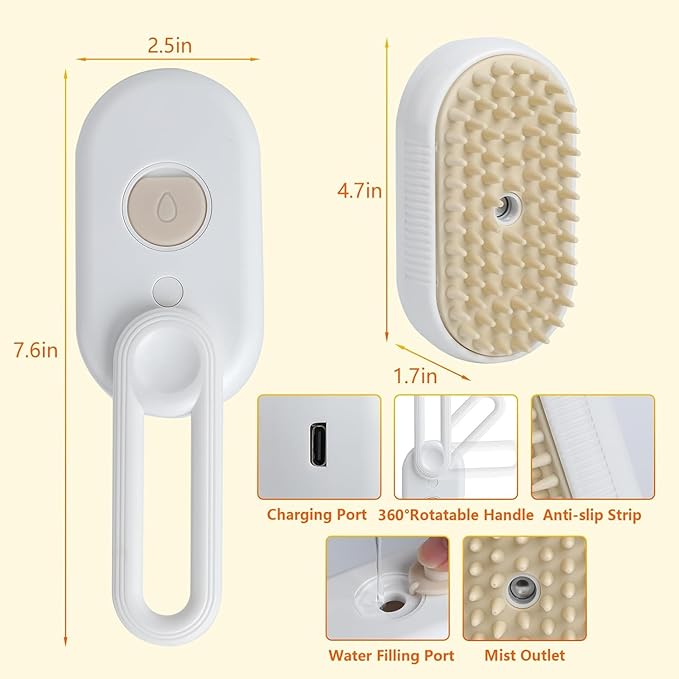 4 in 1 Cat Steam Brush Rechargeable pet spray comb Steam Brush for Cats and Dogs, Massage, Cleaning, Shedding &amp; Combing Multifunctional Hair Removal Anti Static Grooming Tool for home (White)