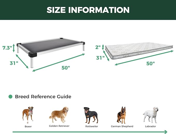 FXW TitanNest Chew-Proof Elevated Dog Bed, Raised Cot for Indoor/Outdoor/Camping Use, Durable &amp; Washable Padded Pet Bed with Exclusive Reuseable Cover for Large Dogs, 50.0" L x 31.0" W x 7.3" H, Gray