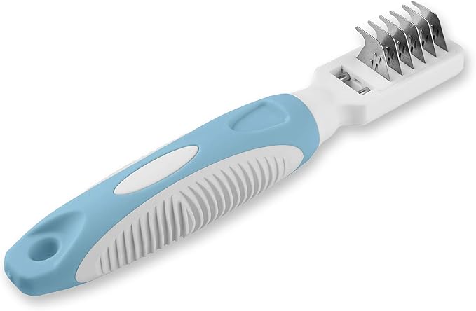 Pets First Professional Pet Mat Remover - Dematting Tool for Grooming Cats &amp; Dogs - Removes Matted Fur, Tangles, Knots, Loose Hair &amp; Dirt - Stainless Steel, Gentle Teeth, Soft Comfort Grip Handle,Blue