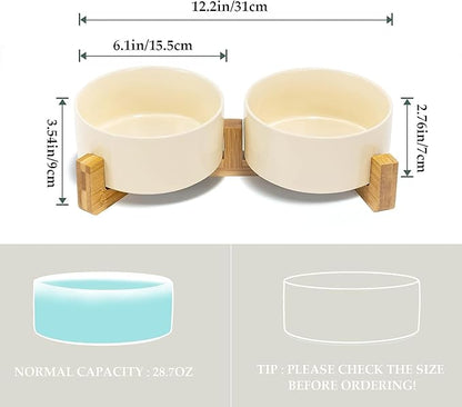 SPUNKYJUNKY Ceramic Dog and Cat Bowl Set with Wooden Stand, Modern Cute Weighted Food Water Set for Small Size Dogs (13.5OZ) &amp; Medium Sized Dogs (28.7OZ) &amp; Cats (3.6 Cups, 2 × Beige)