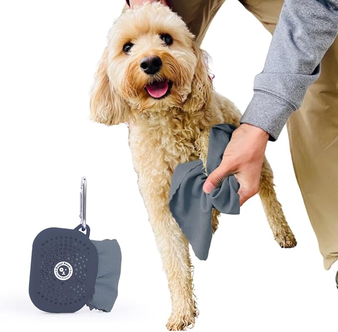 Sweet Paws Portable Dog Paw Towel, Lightweight &amp; Super Absorbent Microfiber, Clips onto Leash, Quick Drying Towel for Dogs Paws with Silicone Case, Dry Dog’s Paws on The Go - Large - Clean Slate