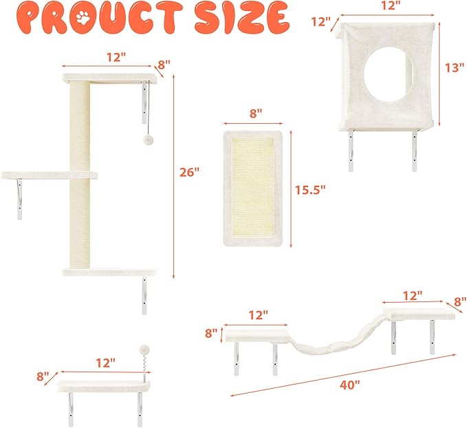 NUNU LAB Wall Mounted Cat Furniture, 5 Pcs Cat Wall Shelves with House, Bridge, Steps, Scratching Post, Shelves, Indoor Safe &amp; Stable Furniture for Kittens Play, Beige