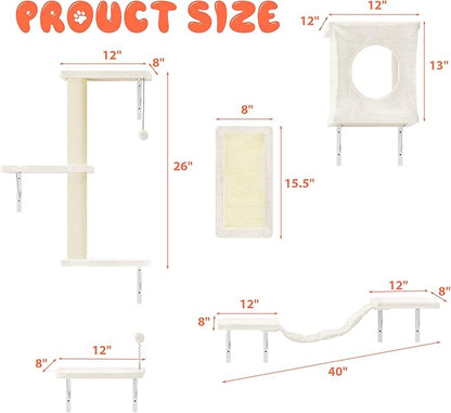 NUNU LAB Wall Mounted Cat Furniture, 5 Pcs Cat Wall Shelves with House, Bridge, Steps, Scratching Post, Shelves, Indoor Safe &amp; Stable Furniture for Kittens Play, Beige