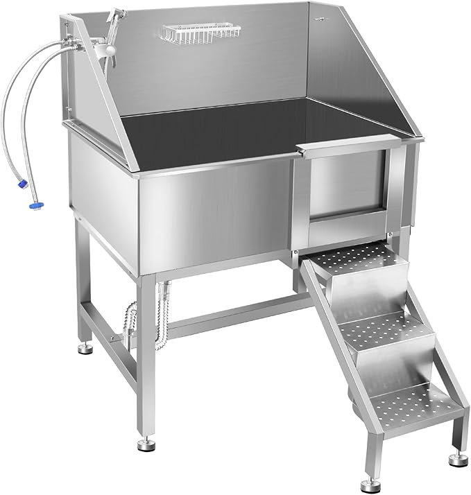 38" Dog Washing Station, Professional Stainless Steel Dog Bathing Station, Equipped with Three Anti-Slip Steps, Removable Door, Upgraded Spray Nozzle&amp;Hose - Ideal for Home, Pet Grooming Salon,R-RAMP