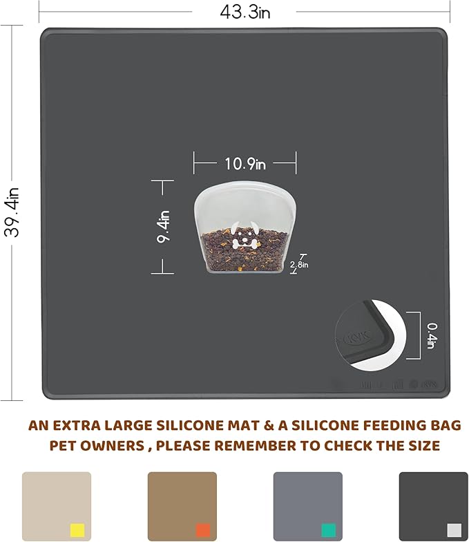 KVK Extra Extra Large Silicone Dog Food Mat 39.4×43.3in and 128oz Silicone Bag Set, Super Size Waterproof Pet Feeding Mat &amp; Container, Non-Slip, Chew-Resistant Floor Protection (Dark Grey&amp;Clear)