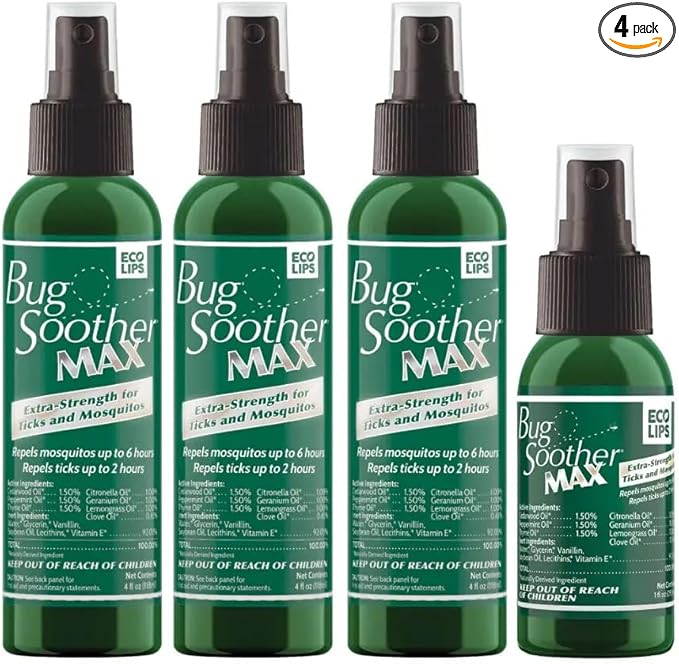 Bug Soother MAX - Extra Strength Natural Gnat, Tick, and Mosquito Repellent, 3 Pack 4 fl oz w/Free 1 oz. Bug Spray Deterrent - DEET Free - Safe for Adults &amp; Environment - Made in USA