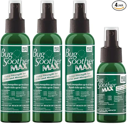 Bug Soother MAX - Extra Strength Natural Gnat, Tick, and Mosquito Repellent, 3 Pack 4 fl oz w/Free 1 oz. Bug Spray Deterrent - DEET Free - Safe for Adults &amp; Environment - Made in USA