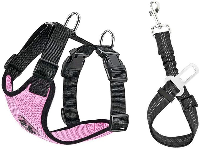 SlowTon Dog Seat Belt Harness for Car, Dog Car Harness Adjustable Mesh Breathable &amp; Dog Seatbelt Safety Tether with Elastic Bungee for Small Medium Large Pets(Pink, Single Clip, S)
