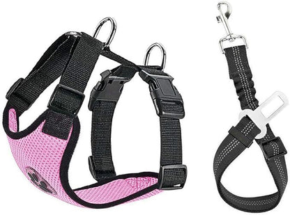 SlowTon Dog Seat Belt Harness for Car, Dog Car Harness Adjustable Mesh Breathable &amp; Dog Seatbelt Safety Tether with Elastic Bungee for Small Medium Large Pets(Pink, Single Clip, S)