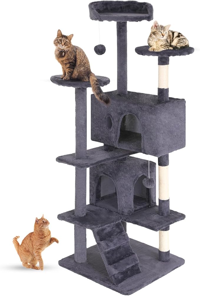 FDW Cat Tree 54in Cat Tower Multi-Level Durable Cat Scratching Post &amp; Cozy Fun Cat Jumping Platform Space Saving Cat Condo Pet Play House for Indoor Cats,Ashy