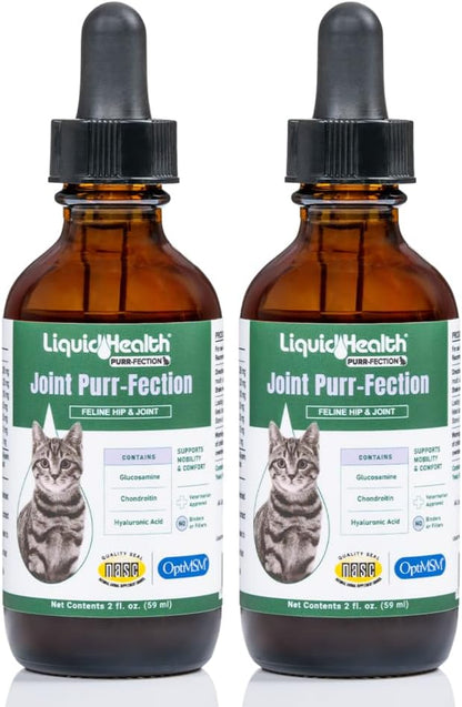 LIQUIDHEALTH Pets Liquid Cat Glucosamine Joint Purr-Fection - Hip &amp; Joint Health Relief Support, Chondroitin Feline Droppers for Senior Older Adult Cats &amp; Kittens - Made in The USA (2 Pack)