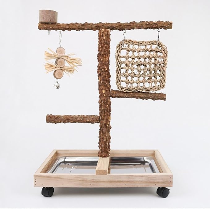 Natural Wood Parrot Stand - Ideal Toy &amp; Accessory for Parakeets, Canaries, Cockatiels, Conure, Lovebirds - Bird Perch Stand with Removable Tray Climbing Net Chewing Toys- Perfect Pet Birds Playstand
