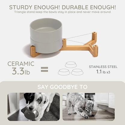 SPUNKYJUNKY Ceramic Dog and Cat Bowl with Wood Stand Non-Slip Matte Glaze Weighted Food Water Set for Cats &amp;Small Dogs 13.5OZ